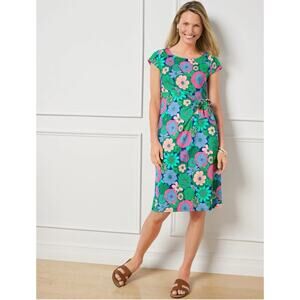 NWOT TALBOTS EFFORTLESS JERSEY FLORAL TIE DRESS Green & Blue Womens Medium